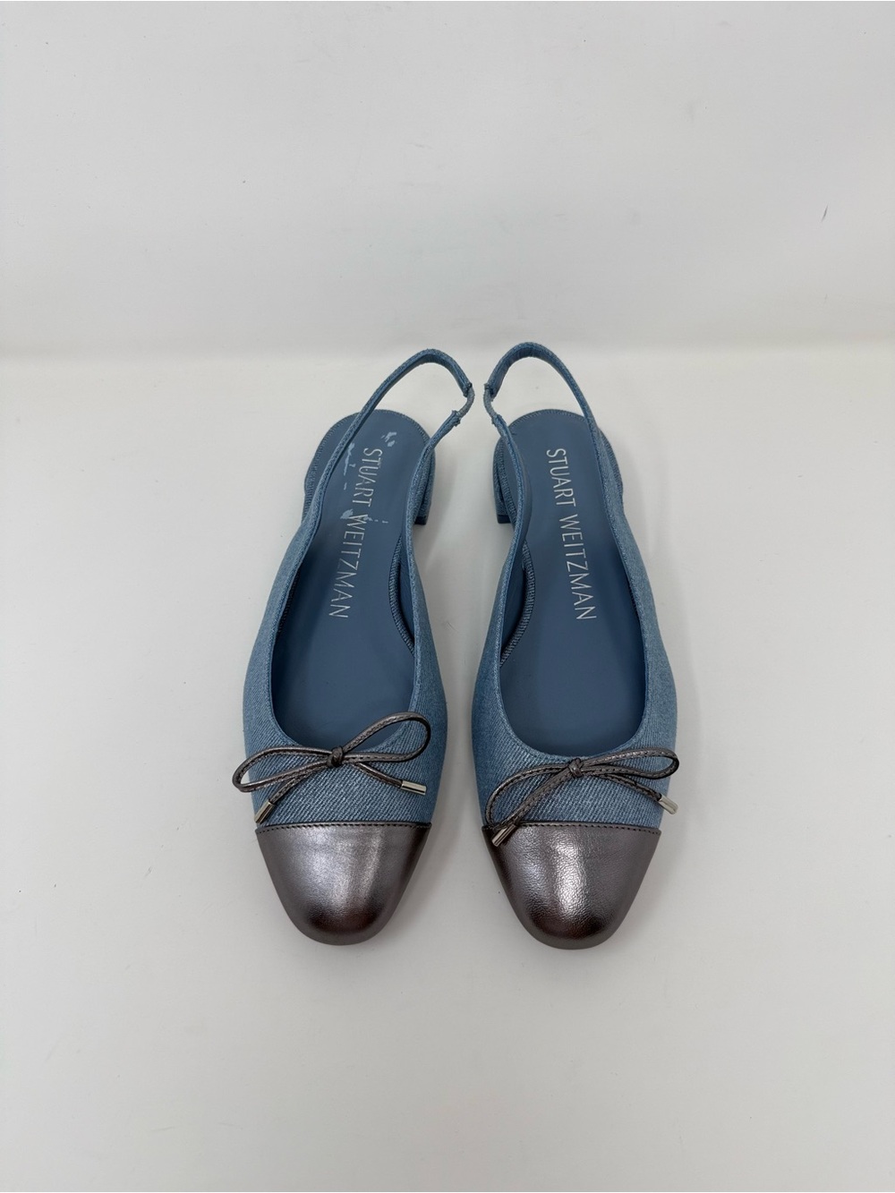 New Stuart Weitzman Sleek Bow Slingback Flat Metallic Denim Sz 7.5 - Picture 9 of 15